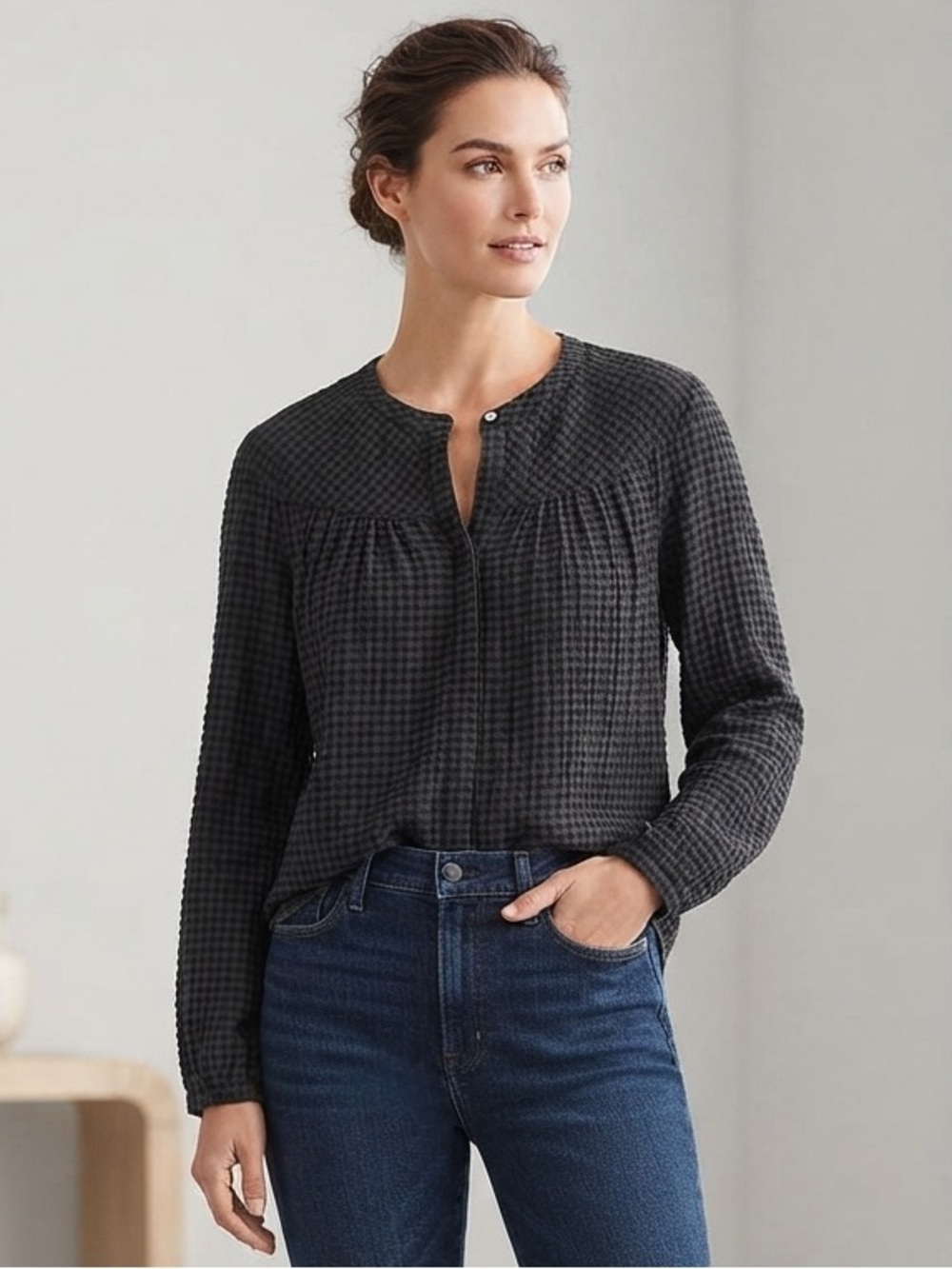 LOFT Black Gingham Plaid Peasant Blouse Long Balloon Sleeve Sheer Boho Popover